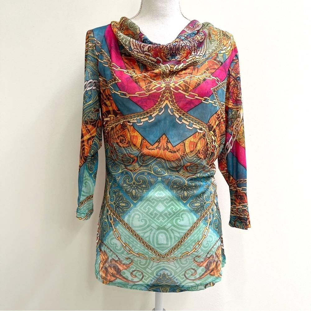 Vintage Y2K semi sheer mesh scoop neck top chain link print 3/4 length sleeves